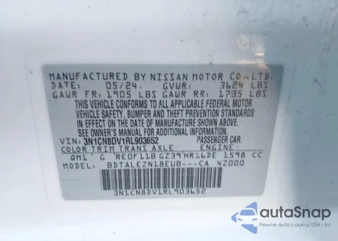 2024 Nissan Versa 1.6 S из США, поврежденный, VIN 3N1CN8DV1RL903652